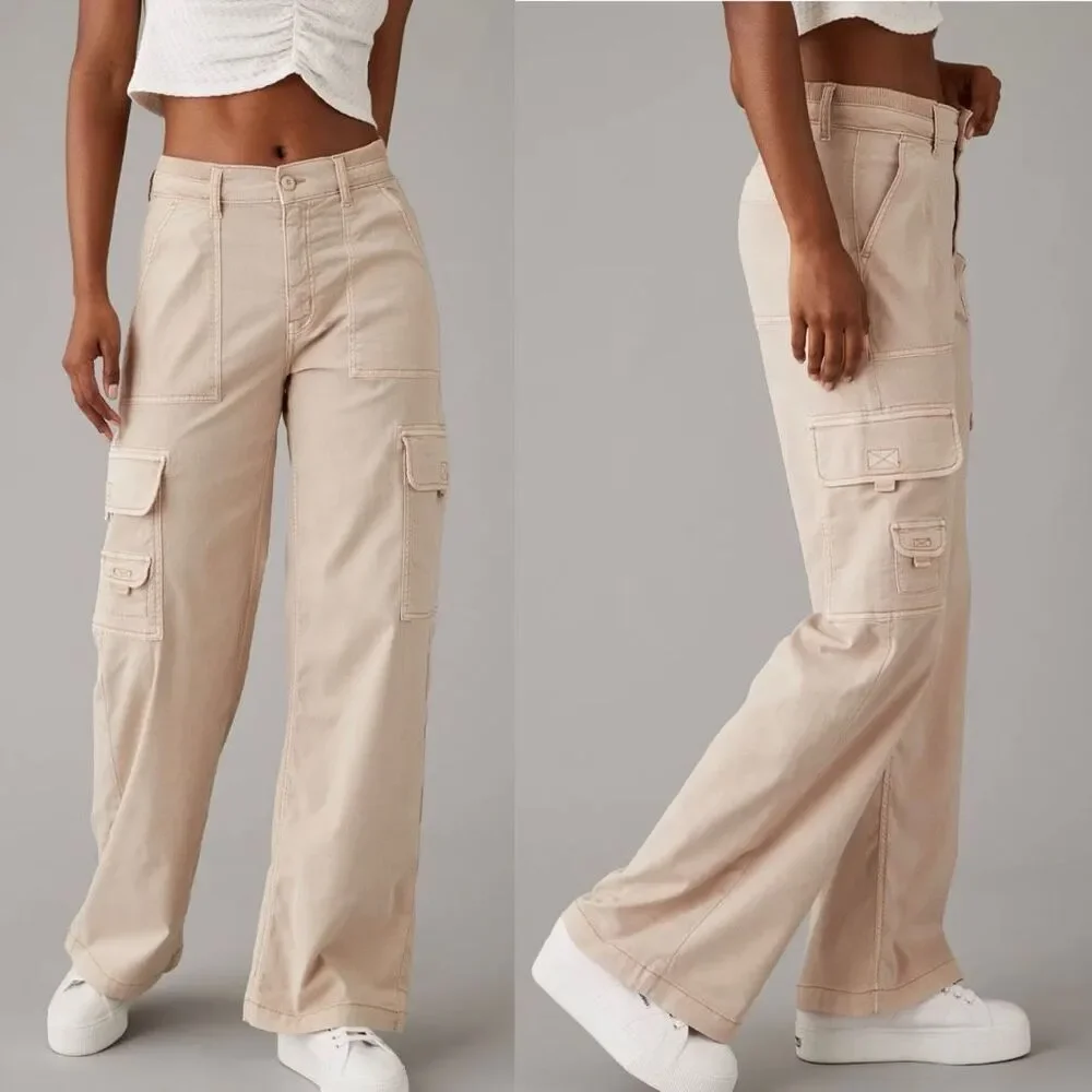 AE Dreamy Drape Stretch Cargo Super High-Waisted Baggy Wide-Leg Pant Beige 12 S